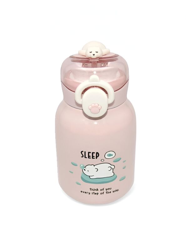 Pink - Mia Cute Bear Print Water Bottle 350ml – Adorable Bear Lid Design, Leak-Proof & Portable NOV3293.