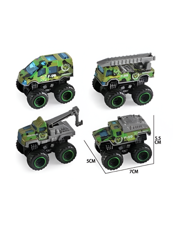 Military Monster Truck Toy Set - 4 Pack Camouflage Vehicles with Speed Launchers NX16312