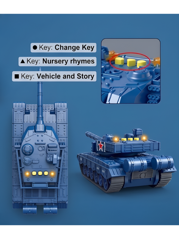 Military Tank Toy with 360-Degree Rotating Turret, Flashing Lights and Music – Blue Interactive Diecast Army Tank Vehicle with Nursery Rhymes & Stories for Kids, Toddlers LMI16740