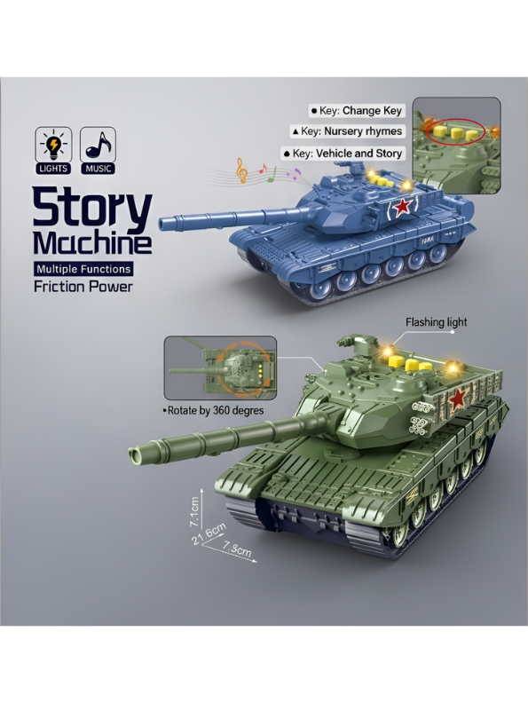 Pack Of 2 Military Tank Toy with 360-Degree Rotating Turret, Flashing Lights and Music – Interactive Diecast Army Tank Vehicle with Nursery Rhymes & Stories for Kids, Toddlers LMI16740
