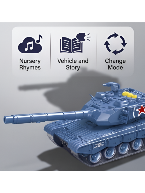 Military Tank Toy with 360-Degree Rotating Turret, Flashing Lights and Music – Blue Interactive Diecast Army Tank Vehicle with Nursery Rhymes & Stories for Kids, Toddlers LMI16740