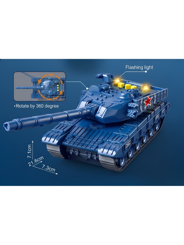 Military Tank Toy with 360-Degree Rotating Turret, Flashing Lights and Music – Blue Interactive Diecast Army Tank Vehicle with Nursery Rhymes & Stories for Kids, Toddlers LMI16740
