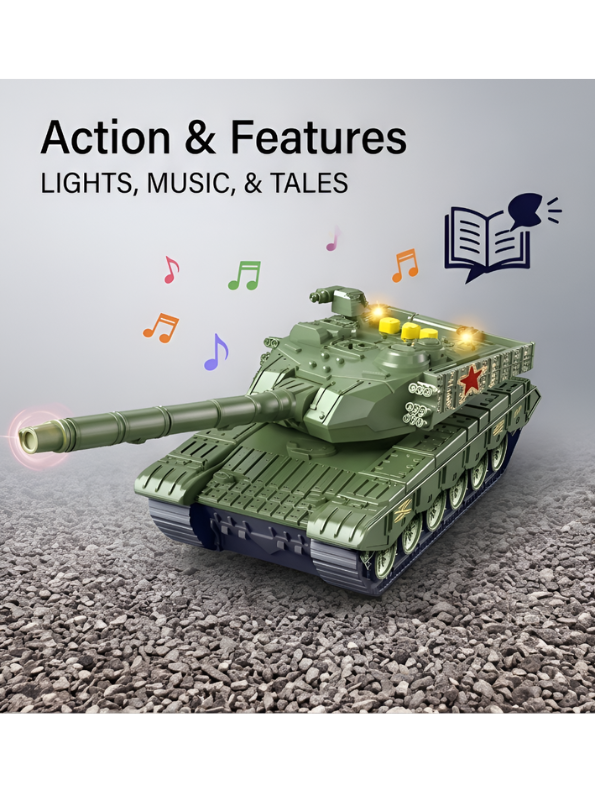 Military Tank Toy with 360-Degree Rotating Turret, Flashing Lights and Music – Interactive Diecast Army Tank Vehicle with Nursery Rhymes & Stories for Kids, Toddlers LMI16740