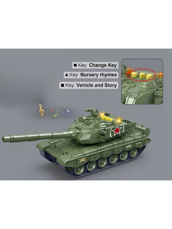 Military Tank Toy with 360-Degree Rotating Turret, Flashing Lights and Music – Interactive Diecast Army Tank Vehicle with Nursery Rhymes & Stories for Kids, Toddlers LMI16740