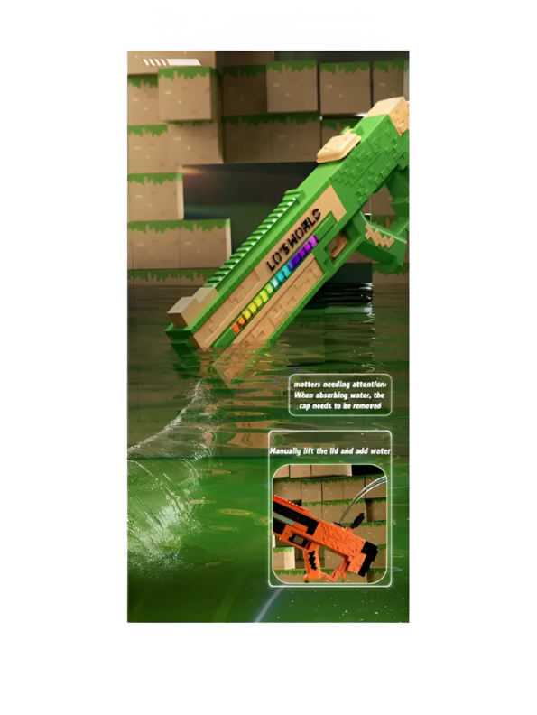 Minecraft-Inspired Electric Water Gun - 47cm Automatic Pixel Water Blaster with RGB Lights, Rechargeable High-Power Squirt Gun for Kids & Adults Green LMI15742.