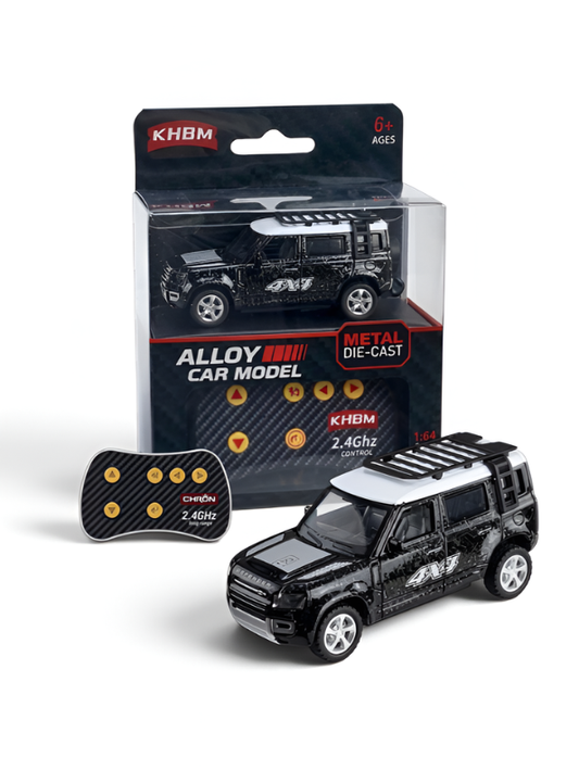 Mini 1:64 Land Rover Defender RC SUV – Metal Die-Cast 4x4 Off-Road Car with 2.4GHz Remote Control, Metallic Black MD569