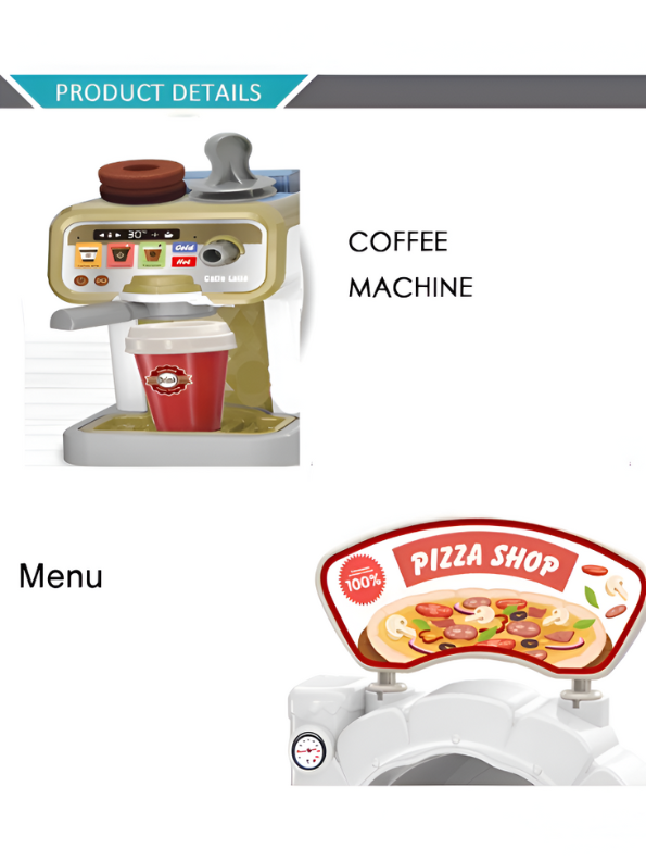 Mini Pizza Shop Play Set  –  Pretend Pizza Oven, Coffee Maker & Cash Register Toy Kitchen for Kids LMI15728.