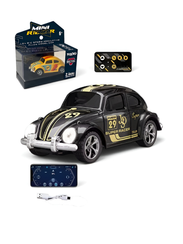 Mini RC Beetle Car – 2.4GHz Remote & App Controlled, Alloy Body Pocket-Sized Mini Racing Car Classic Black MD549.
