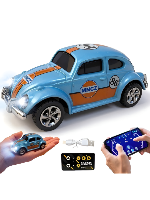 Mini RC Beetle Car – 2.4GHz Remote & App Controlled, Alloy Body Pocket-Sized Mini Racing Car Classic MNCZ Blue MD549.