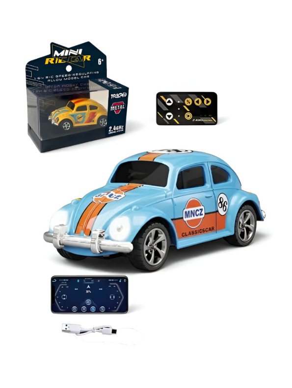 Mini RC Beetle Car – 2.4GHz Remote & App Controlled, Alloy Body Pocket-Sized Mini Racing Car Classic MNCZ Blue MD549.