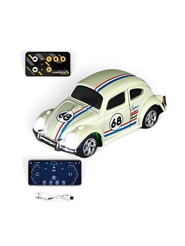 Mini RC Beetle Car – 2.4GHz Remote & App Controlled, Alloy Body Pocket-Sized Mini Racing Car Classic White MD549.