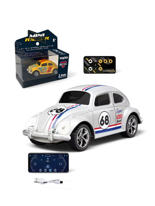 Mini RC Beetle Car – 2.4GHz Remote & App Controlled, Alloy Body Pocket-Sized Mini Racing Car Classic White MD549.