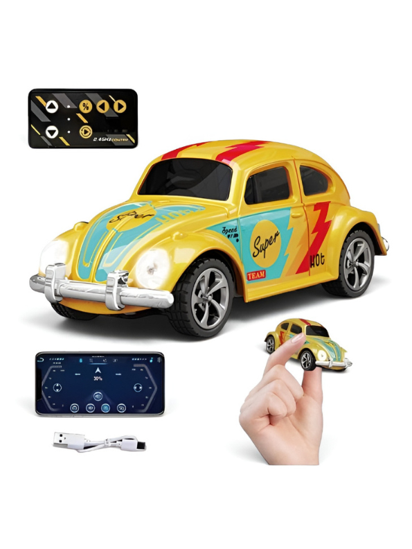 Mini RC Beetle Car – 2.4GHz Remote & App Controlled, Alloy Body Pocket-Sized Mini Racing Car Yellow MD549.