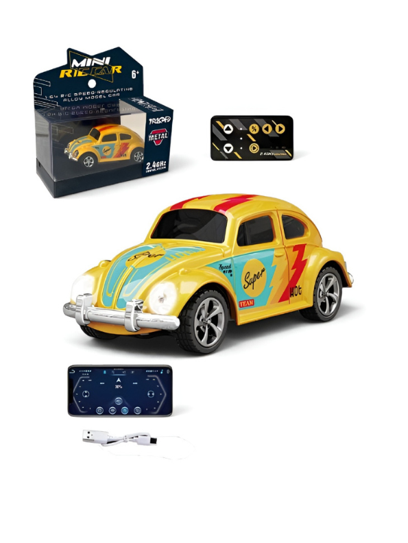 Mini RC Beetle Car – 2.4GHz Remote & App Controlled, Alloy Body Pocket-Sized Mini Racing Car Yellow MD549.