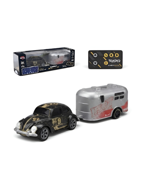 Mini RC Classic Volkswagen Beetle with Detachable Trailer | Black 2.4GHz Remote Control Die-Cast Toy Car & with Acrylic Display Box MD572