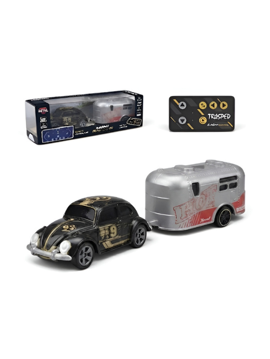 Mini RC Classic Volkswagen Beetle with Detachable Trailer | Black 2.4GHz Remote Control Die-Cast Toy Car & with Acrylic Display Box MD572