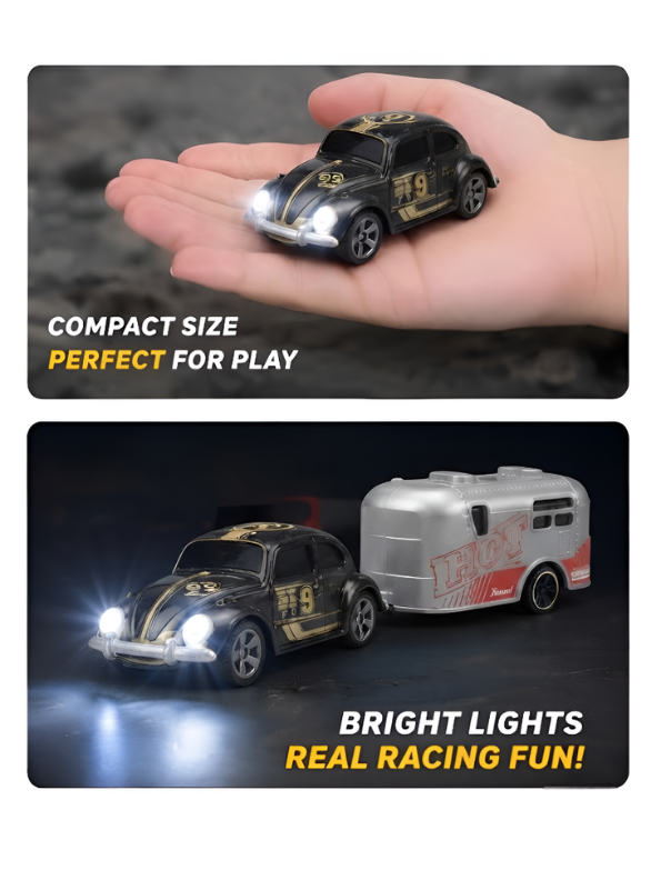 Mini RC Classic Volkswagen Beetle with Detachable Trailer | Black 2.4GHz Remote Control Die-Cast Toy Car & with Acrylic Display Box MD572