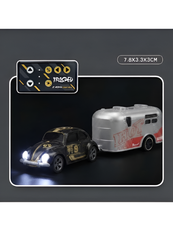 Mini RC Classic Volkswagen Beetle with Detachable Trailer | Black 2.4GHz Remote Control Die-Cast Toy Car & with Acrylic Display Box MD572