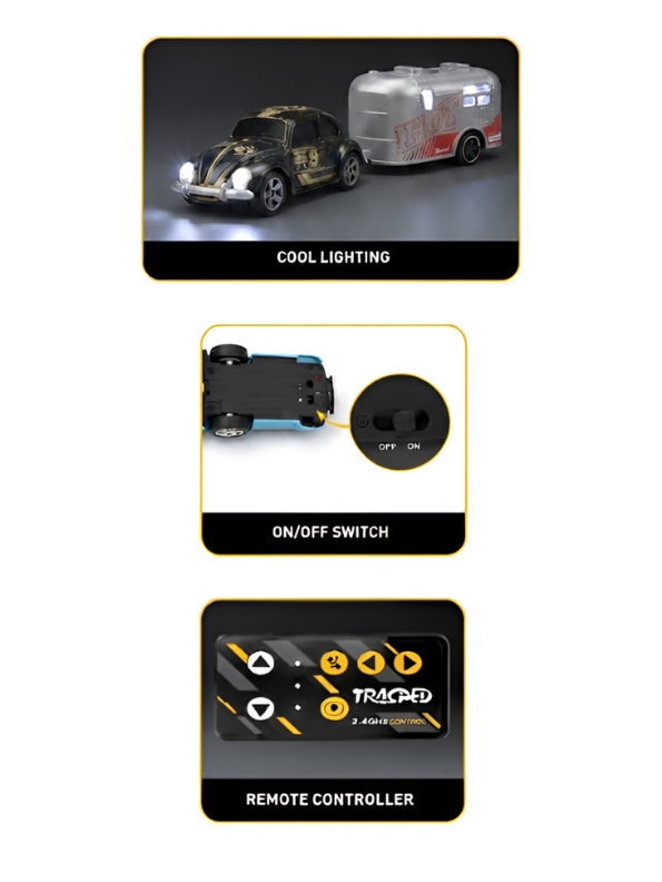 Mini RC Classic Volkswagen Beetle with Detachable Trailer | Black 2.4GHz Remote Control Die-Cast Toy Car & with Acrylic Display Box MD572