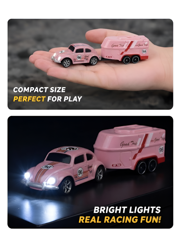 Mini RC Classic Volkswagen Beetle with Detachable Trailer | Pink 2.4GHz Remote Control Die-Cast Toy Car & with Acrylic Display Box MD572