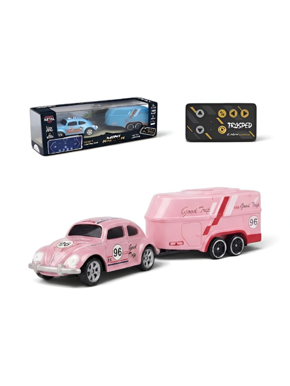 Mini RC Classic Volkswagen Beetle with Detachable Trailer | Pink 2.4GHz Remote Control Die-Cast Toy Car & with Acrylic Display Box MD572