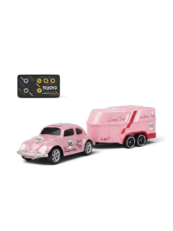 Mini RC Classic Volkswagen Beetle with Detachable Trailer | Pink 2.4GHz Remote Control Die-Cast Toy Car & with Acrylic Display Box MD572