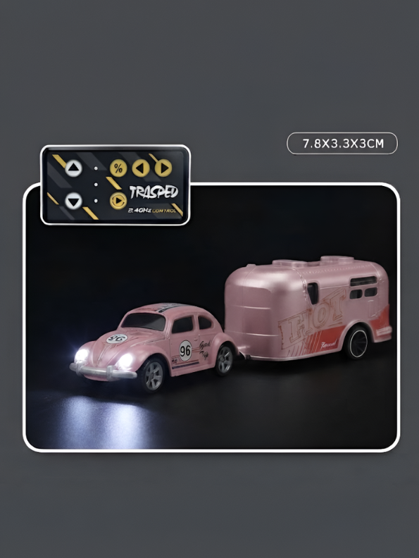 Mini RC Classic Volkswagen Beetle with Detachable Trailer | Pink 2.4GHz Remote Control Die-Cast Toy Car & with Acrylic Display Box MD572