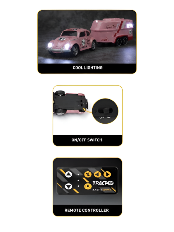 Mini RC Classic Volkswagen Beetle with Detachable Trailer | Pink 2.4GHz Remote Control Die-Cast Toy Car & with Acrylic Display Box MD572