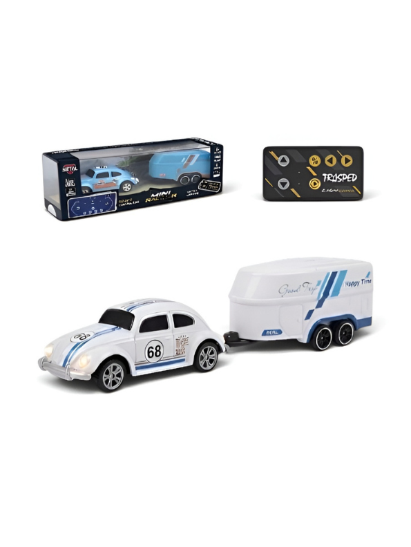 Mini RC Classic Volkswagen Beetle with Detachable Trailer | White 2.4GHz Remote Control Die-Cast Toy Car & with Acrylic Display Box MD572