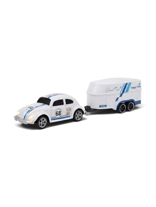 Mini RC Classic Volkswagen Beetle with Detachable Trailer | White 2.4GHz Remote Control Die-Cast Toy Car & with Acrylic Display Box MD572