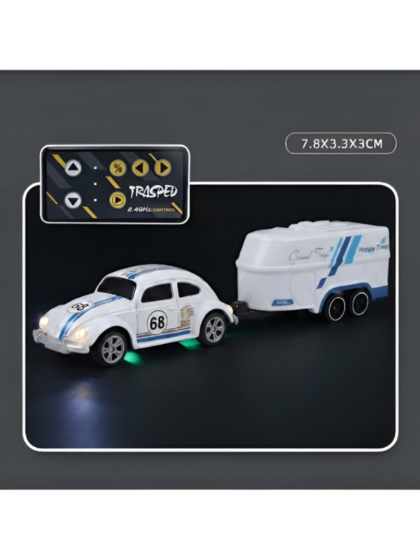 Mini RC Classic Volkswagen Beetle with Detachable Trailer | White 2.4GHz Remote Control Die-Cast Toy Car & with Acrylic Display Box MD572