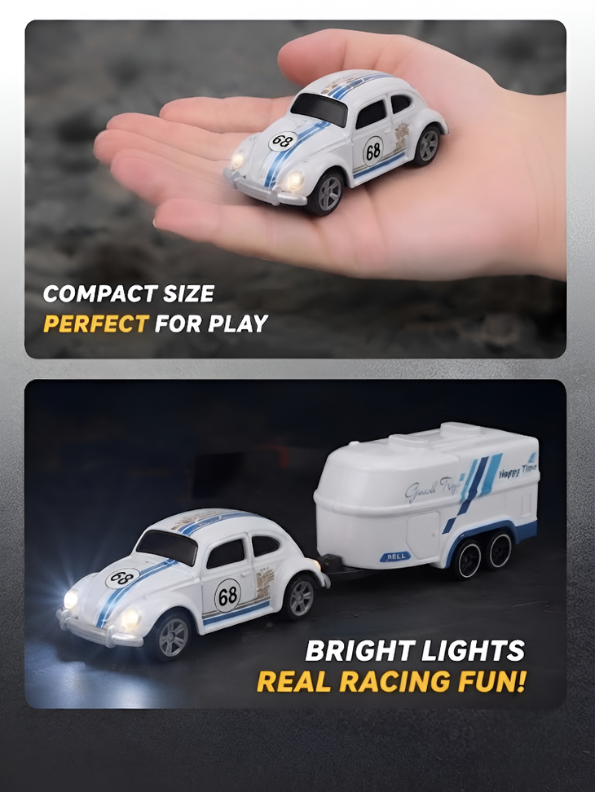 Mini RC Classic Volkswagen Beetle with Detachable Trailer | White 2.4GHz Remote Control Die-Cast Toy Car & with Acrylic Display Box MD572