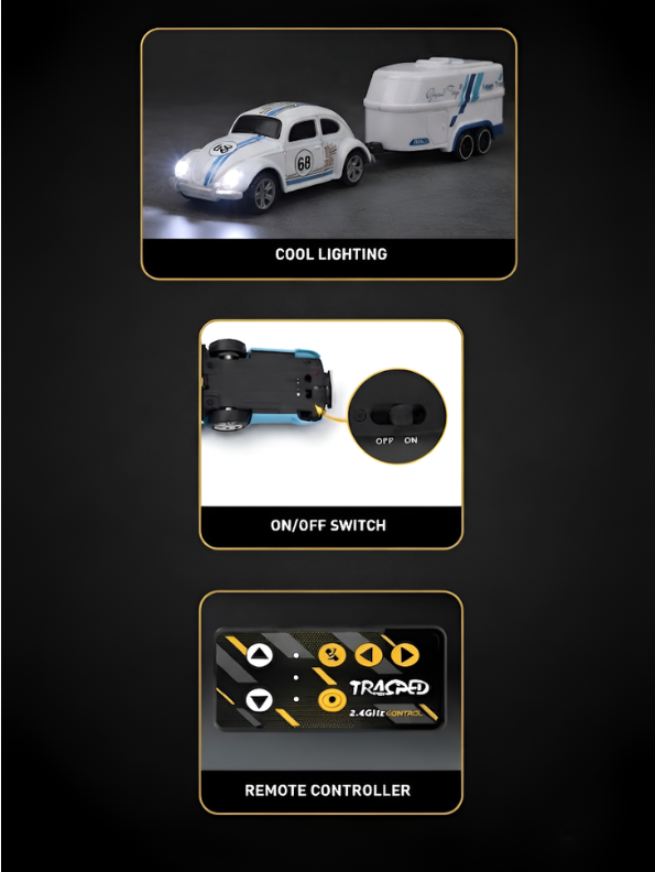 Mini RC Classic Volkswagen Beetle with Detachable Trailer | White 2.4GHz Remote Control Die-Cast Toy Car & with Acrylic Display Box MD572
