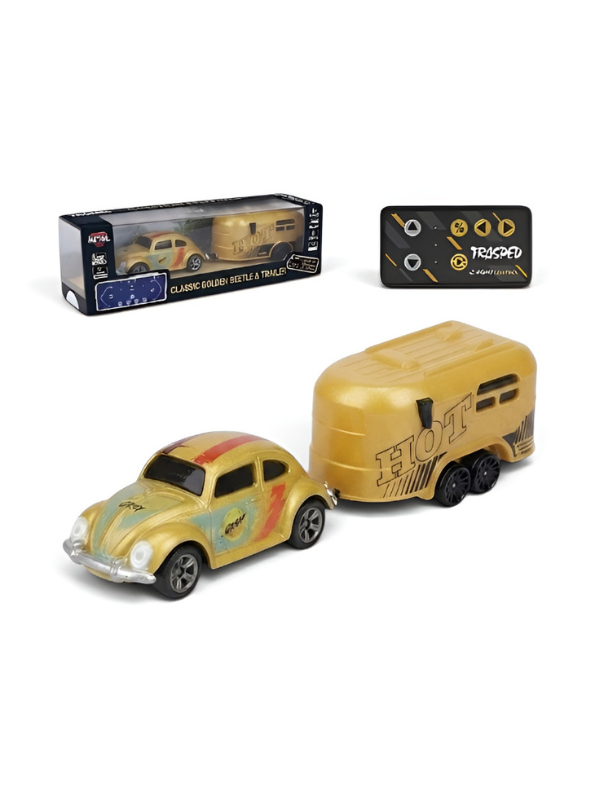 Mini RC Classic Volkswagen Beetle with Detachable Trailer | Yellow 2.4GHz Remote Control Die-Cast Toy Car & with Acrylic Display Box MD572