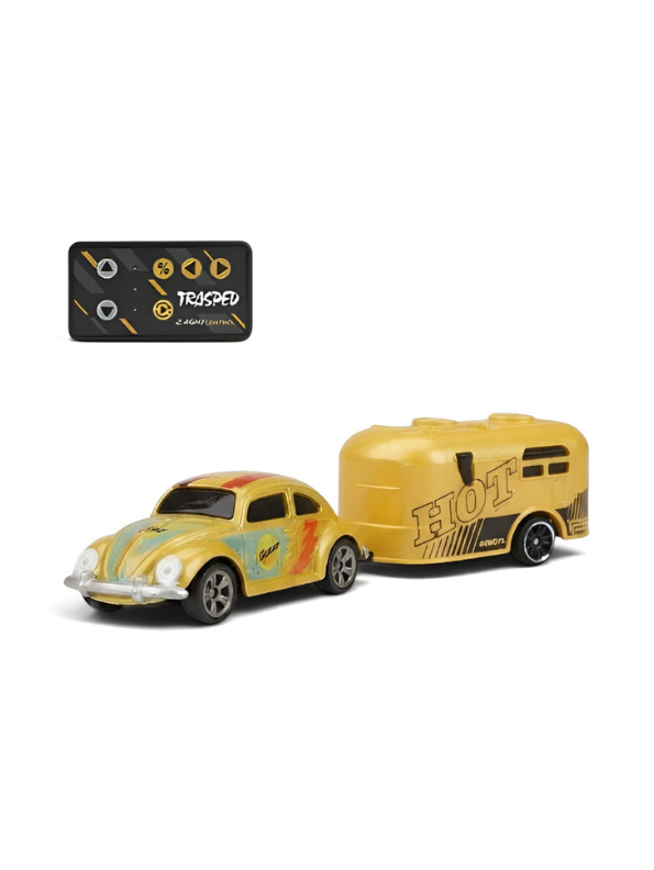 Mini RC Classic Volkswagen Beetle with Detachable Trailer | Yellow 2.4GHz Remote Control Die-Cast Toy Car & with Acrylic Display Box MD572