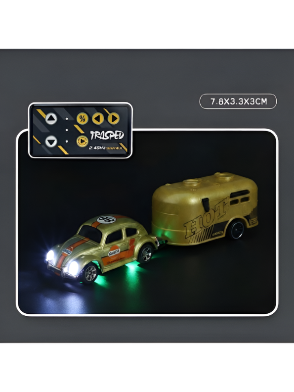 Mini RC Classic Volkswagen Beetle with Detachable Trailer | Yellow 2.4GHz Remote Control Die-Cast Toy Car & with Acrylic Display Box MD572