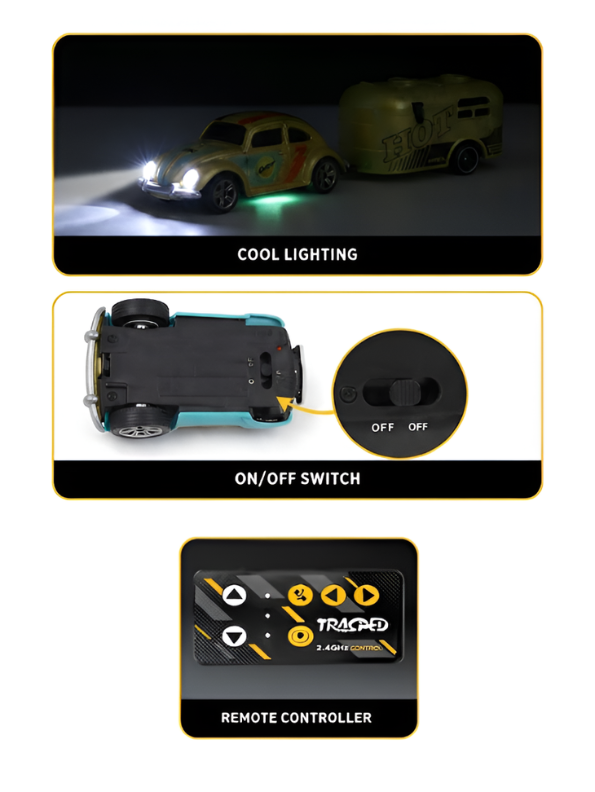 Mini RC Classic Volkswagen Beetle with Detachable Trailer | Yellow 2.4GHz Remote Control Die-Cast Toy Car & with Acrylic Display Box MD572