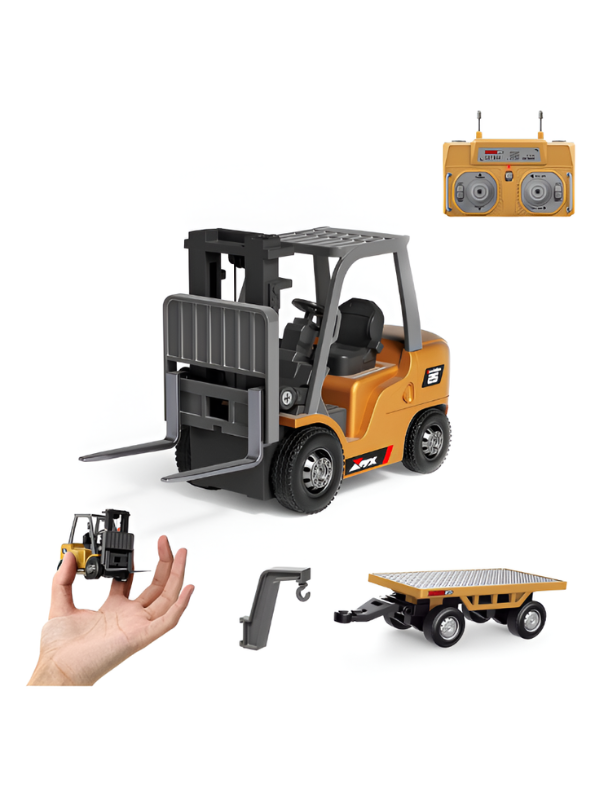 Mini RC Forklift Toy - 1:64 Scale Remote Control Forklift with Detachable Flatbed Trailer MD551.
