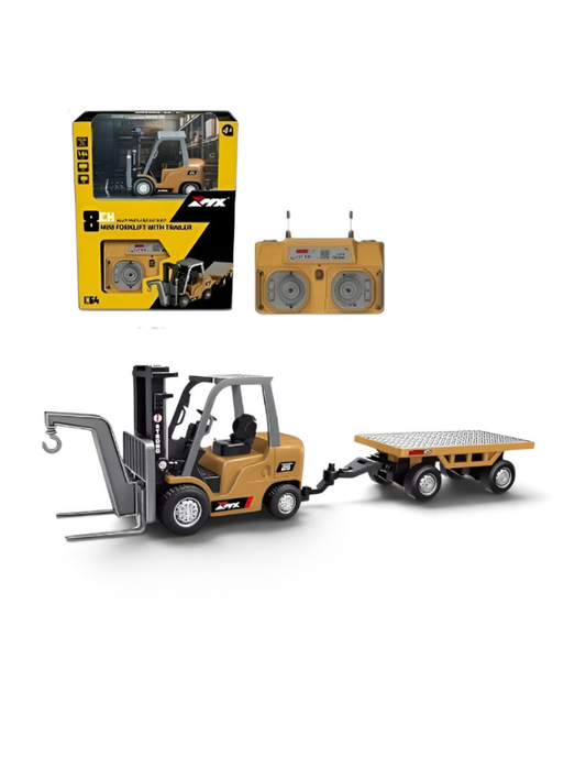 Mini RC Forklift Toy - 1:64 Scale Remote Control Forklift with Detachable Flatbed Trailer MD551.