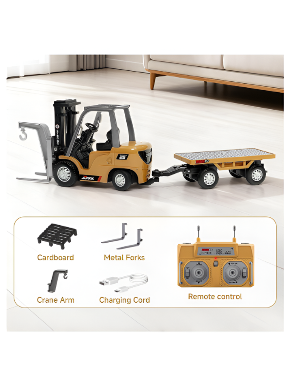 Mini RC Forklift Toy - 1:64 Scale Remote Control Forklift with Detachable Flatbed Trailer MD551.