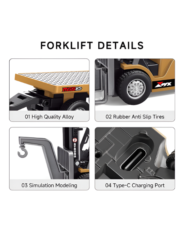 Mini RC Forklift Toy - 1:64 Scale Remote Control Forklift with Detachable Flatbed Trailer MD551.