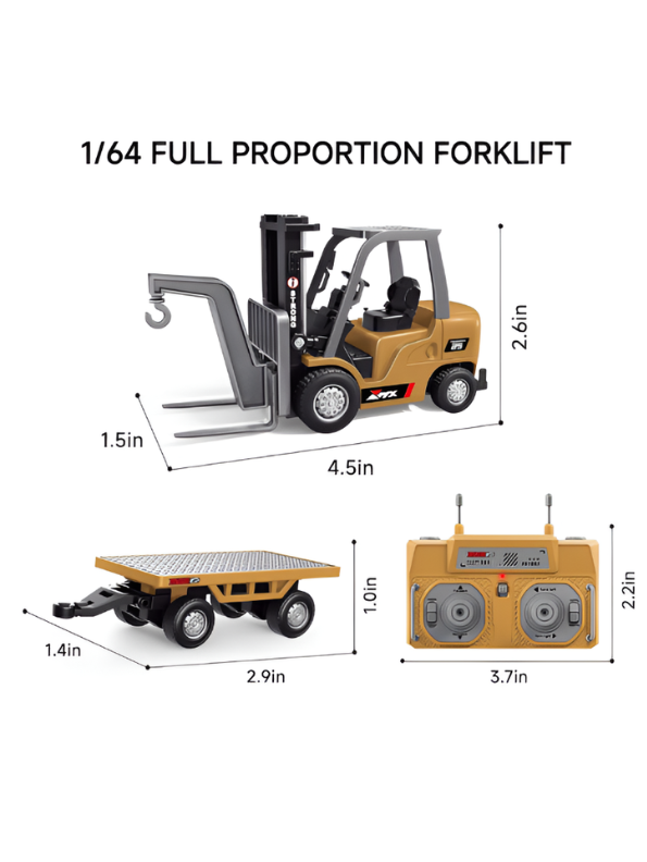Mini RC Forklift Toy - 1:64 Scale Remote Control Forklift with Detachable Flatbed Trailer MD551.