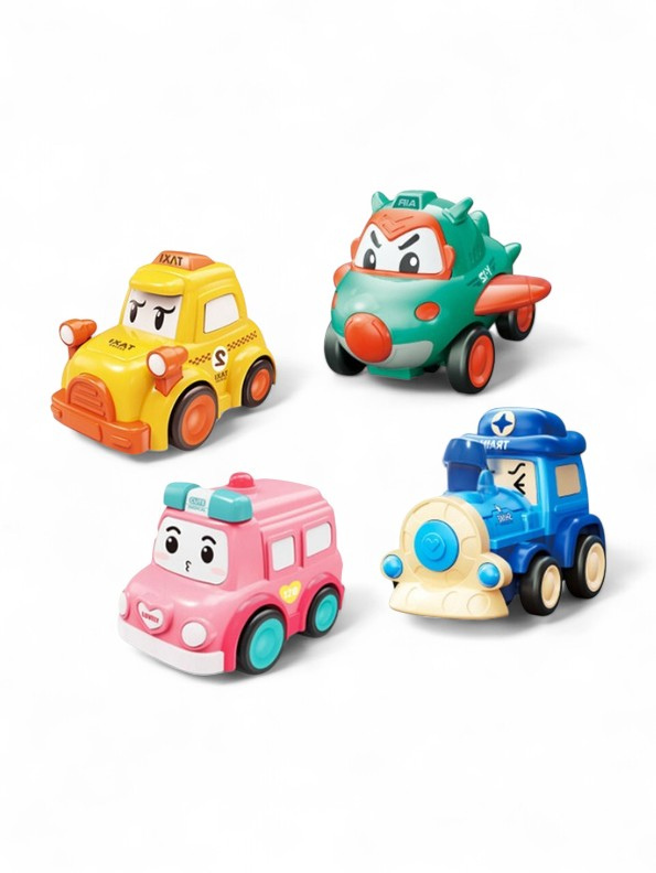 Mini Rescue Team - Pack of 4 Pull-Back Vehicle Toy Set with Taxi, Ambulance, Train & Monster Car for Kids LMI15384 .