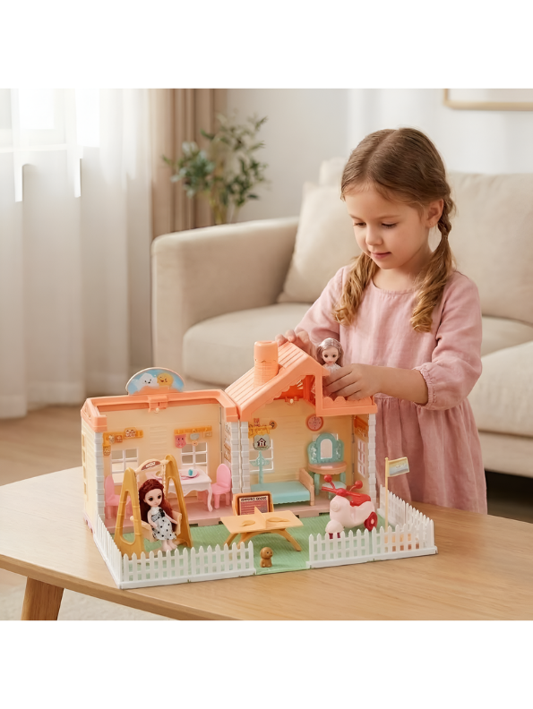 Miniature Princess Cottage Dollhouse Play Set with Misting Chimney, Garden Swing, Furniture & Doll – Gift Set for Kids MD742