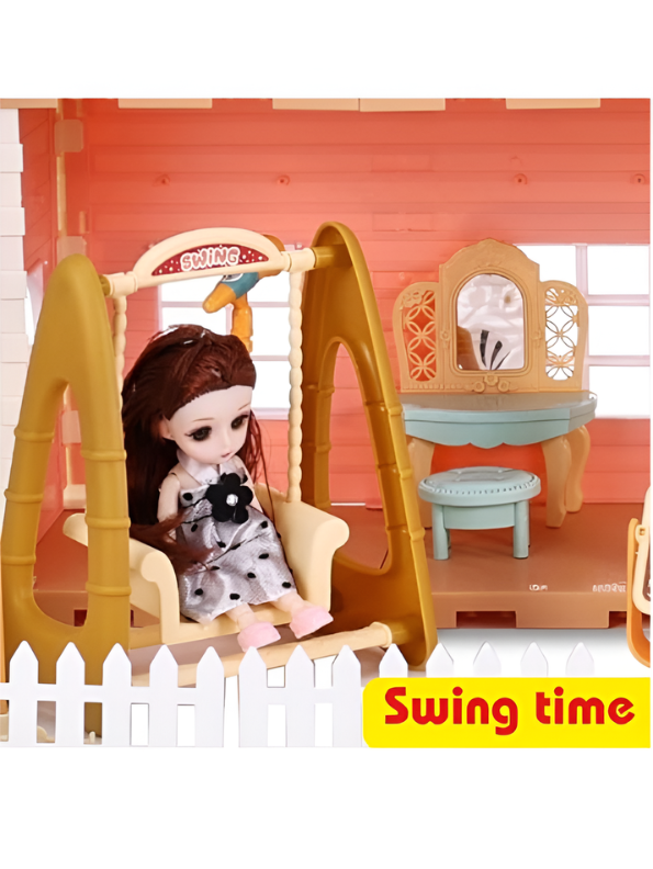 Miniature Princess Cottage Dollhouse Play Set with Misting Chimney, Garden Swing, Furniture & Doll – Gift Set for Kids MD742