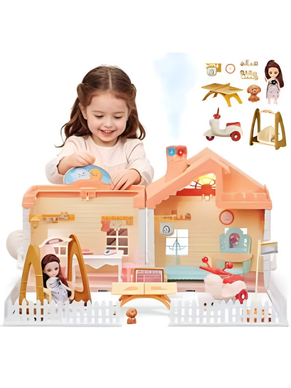 Miniature Princess Cottage Dollhouse Play Set with Misting Chimney, Garden Swing, Furniture & Doll – Gift Set for Kids MD742
