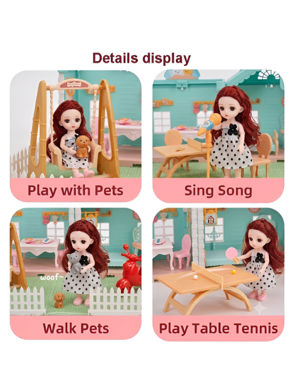 Miniature Princess Cottage Dollhouse Play Set with Misting Chimney, Garden Swing, Furniture & Doll – Gift Set for Kids MD742