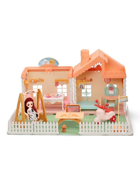Miniature Princess Cottage Dollhouse Play Set with Misting Chimney, Garden Swing, Furniture & Doll – Gift Set for Kids MD742