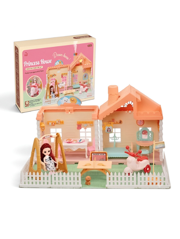 Miniature Princess Cottage Dollhouse Play Set with Misting Chimney, Garden Swing, Furniture & Doll – Gift Set for Kids MD742