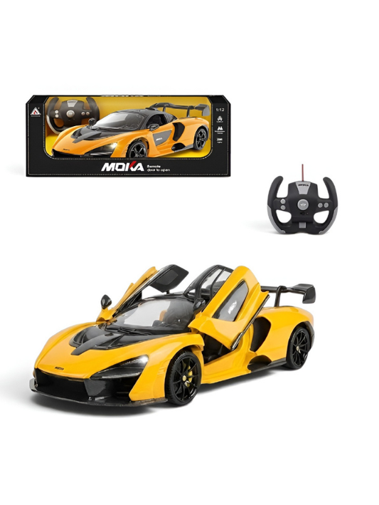 Moka Remote Control Supercar with Opening Doors, Yellow 1:12 Scale LED Lights & 2.4GHz Steering Wheel Remote TV5597